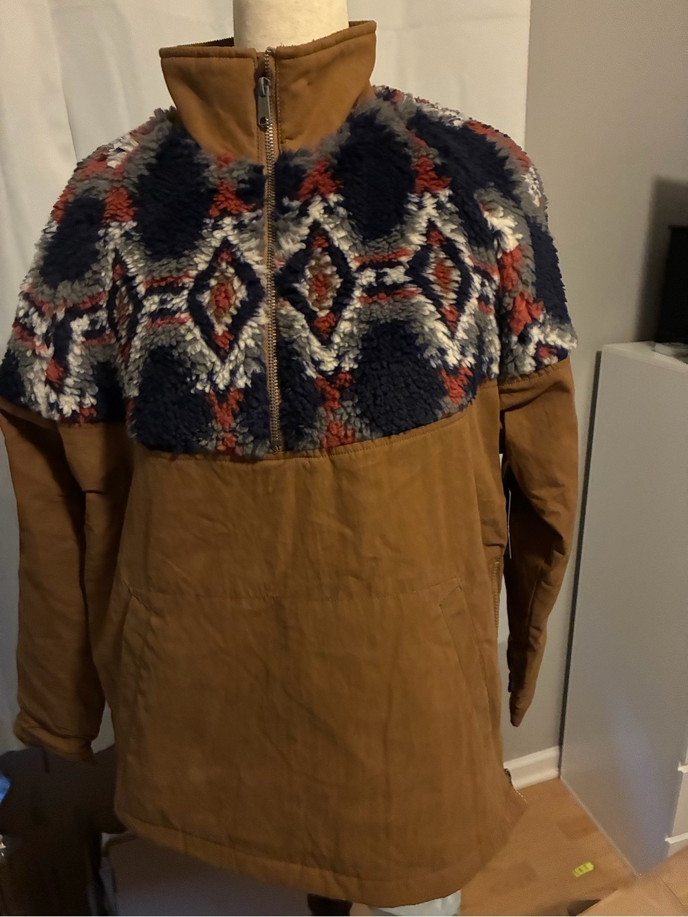 Lucky Brand Tan Pullover Jacket with Navy, Cream and Rust Sherpa Yoke